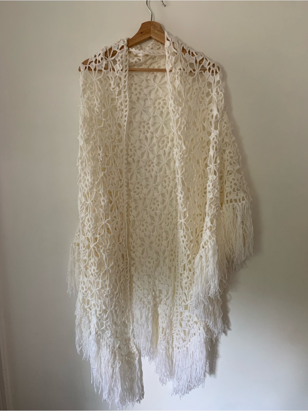 Crochet Fringe Shawl Cardigan in off-white